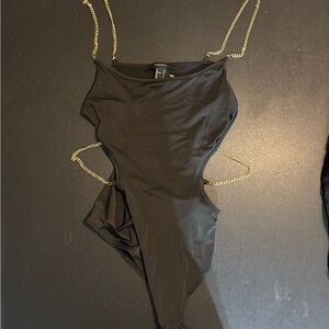 Forever 21 Black Bodysuit with Gold Chain Straps